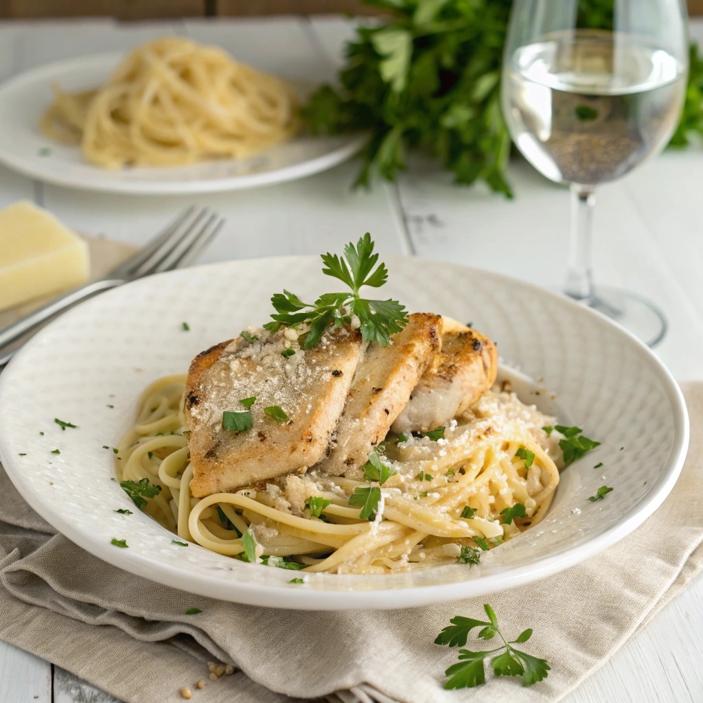 Served garlic parmesan chicken pasta