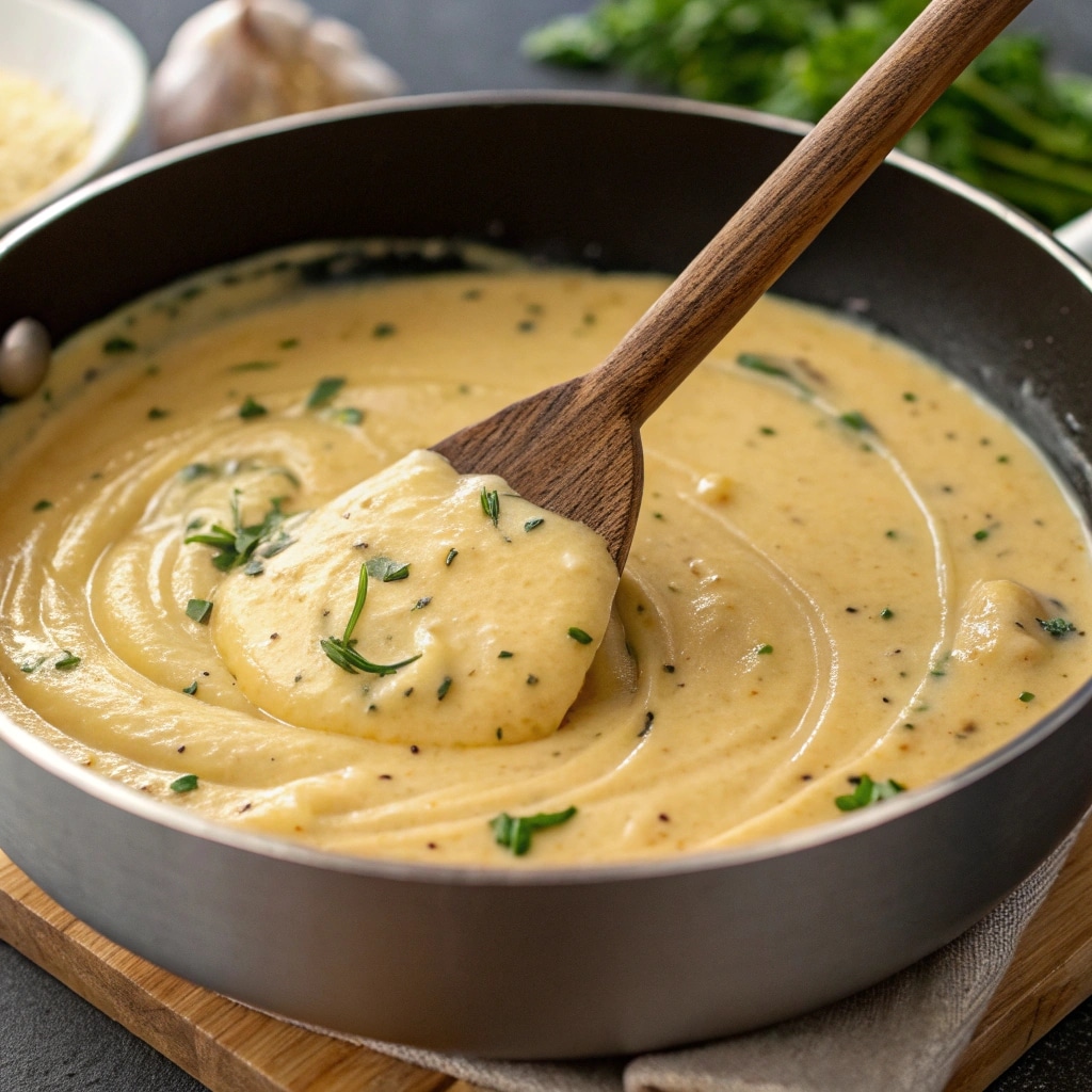 Stirring garlic parmesan sauce