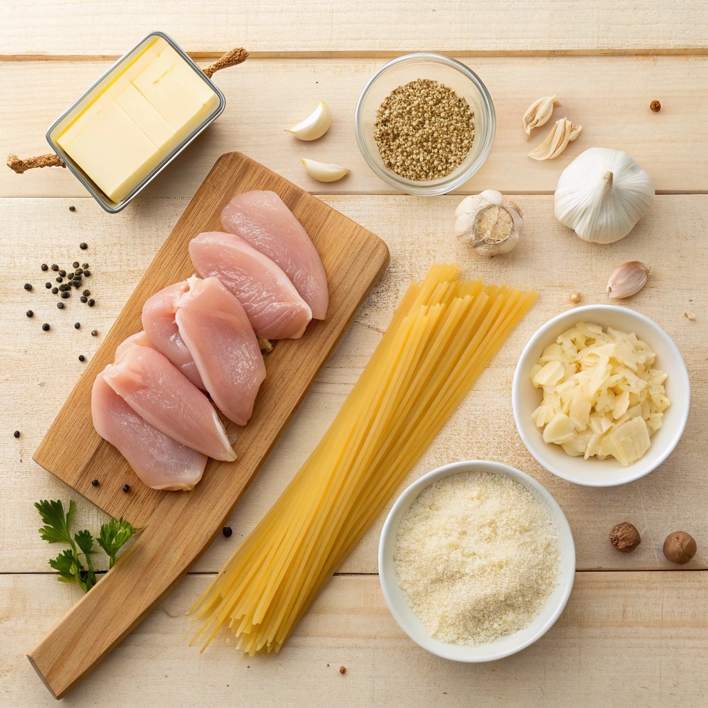 Ingredients for garlic parmesan chicken pasta