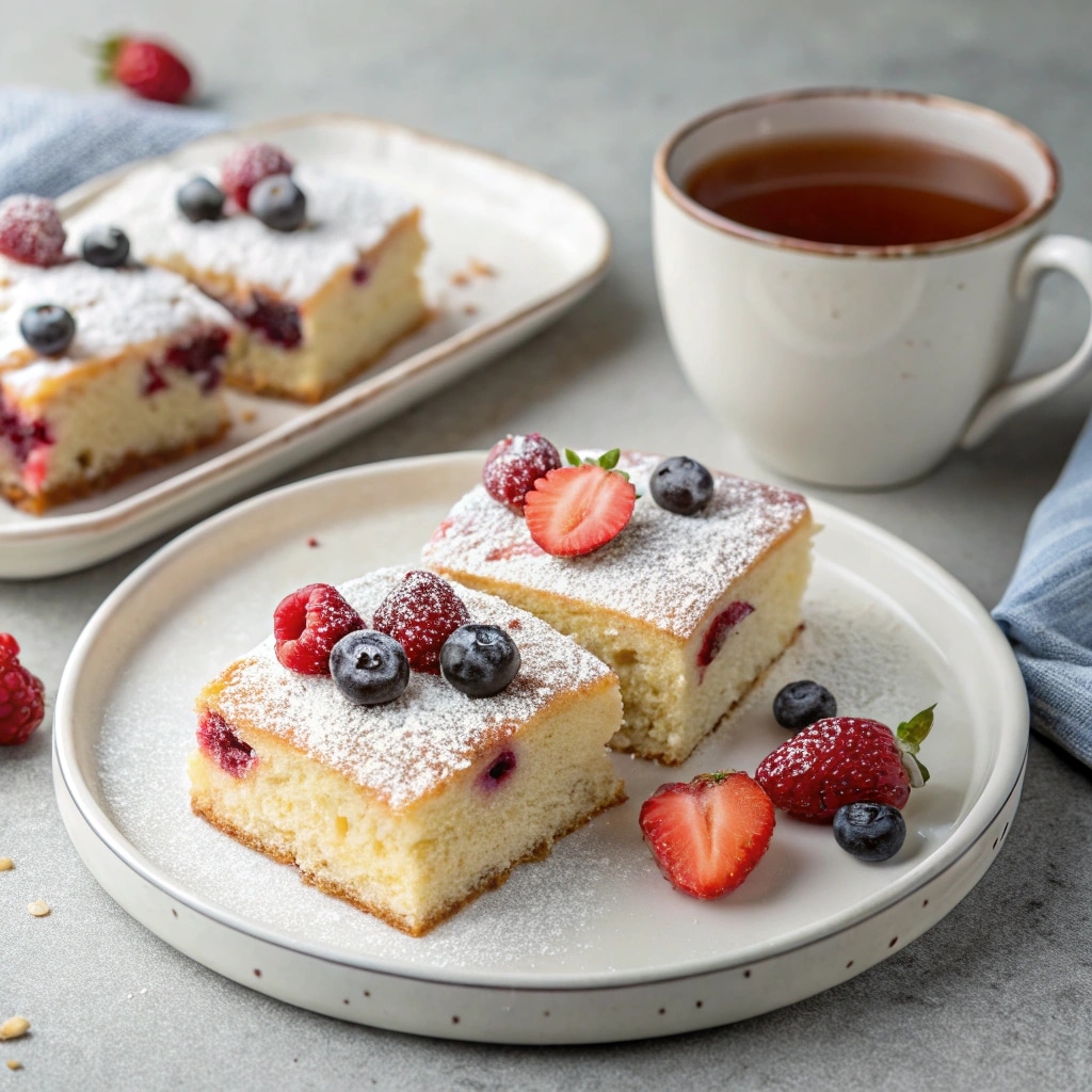 serving slices of homemade kefir sheet cake