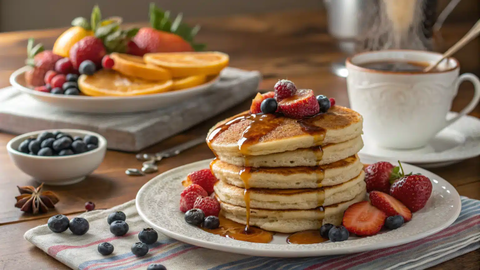 A stack of pancakes with syrup dripping, surrounded by fresh fruits, and a cup of coffee on a cozy breakfast table.