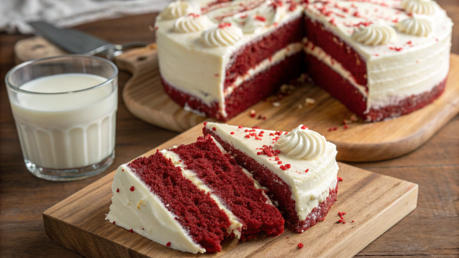 A moist red velvet cake with a slice removed, alongside a glass of milk.