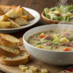 A bowl of cheeseburger soup with garlic bread, Caesar salad, and potato wedges.