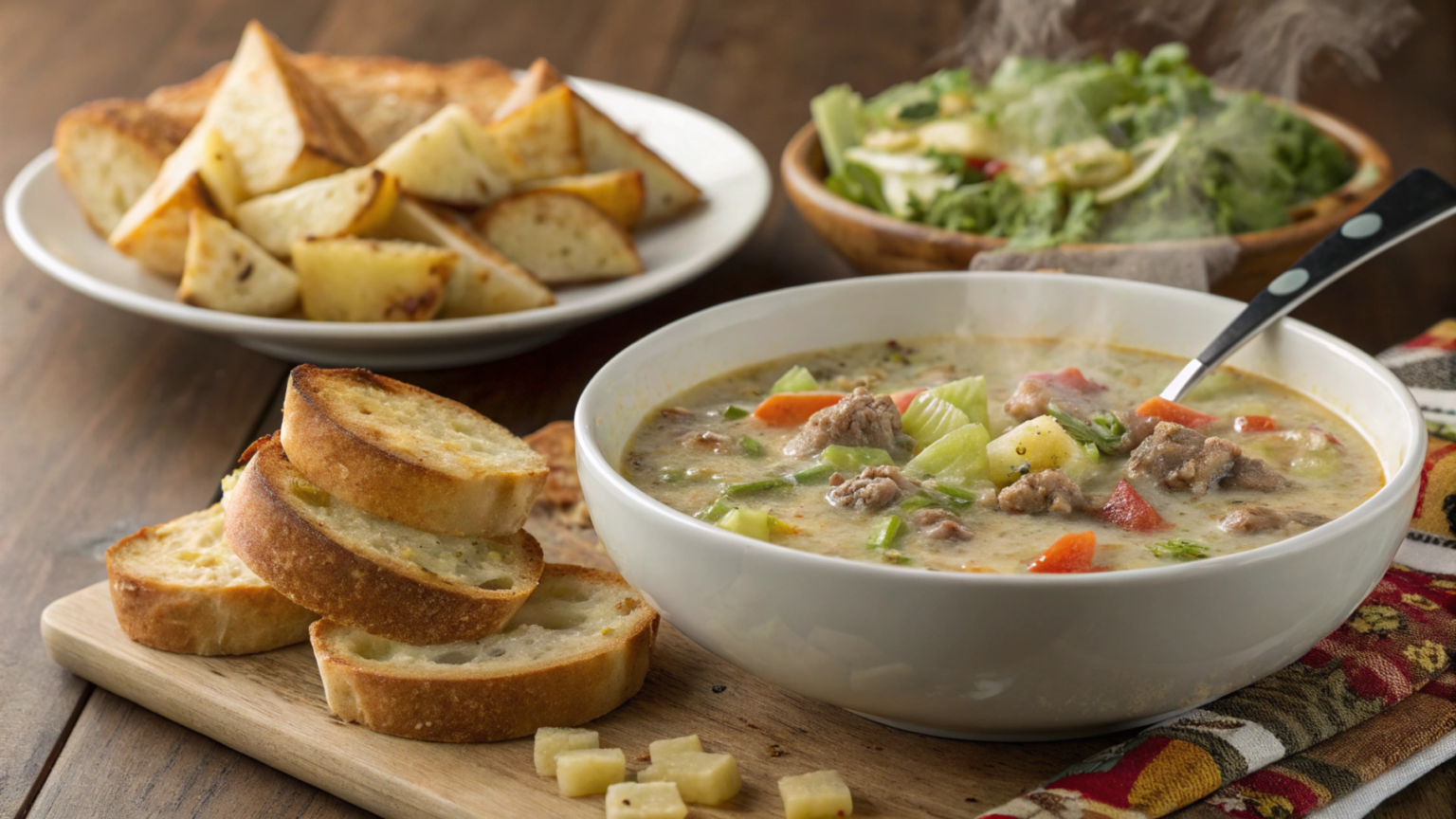 A bowl of cheeseburger soup with garlic bread, Caesar salad, and potato wedges.