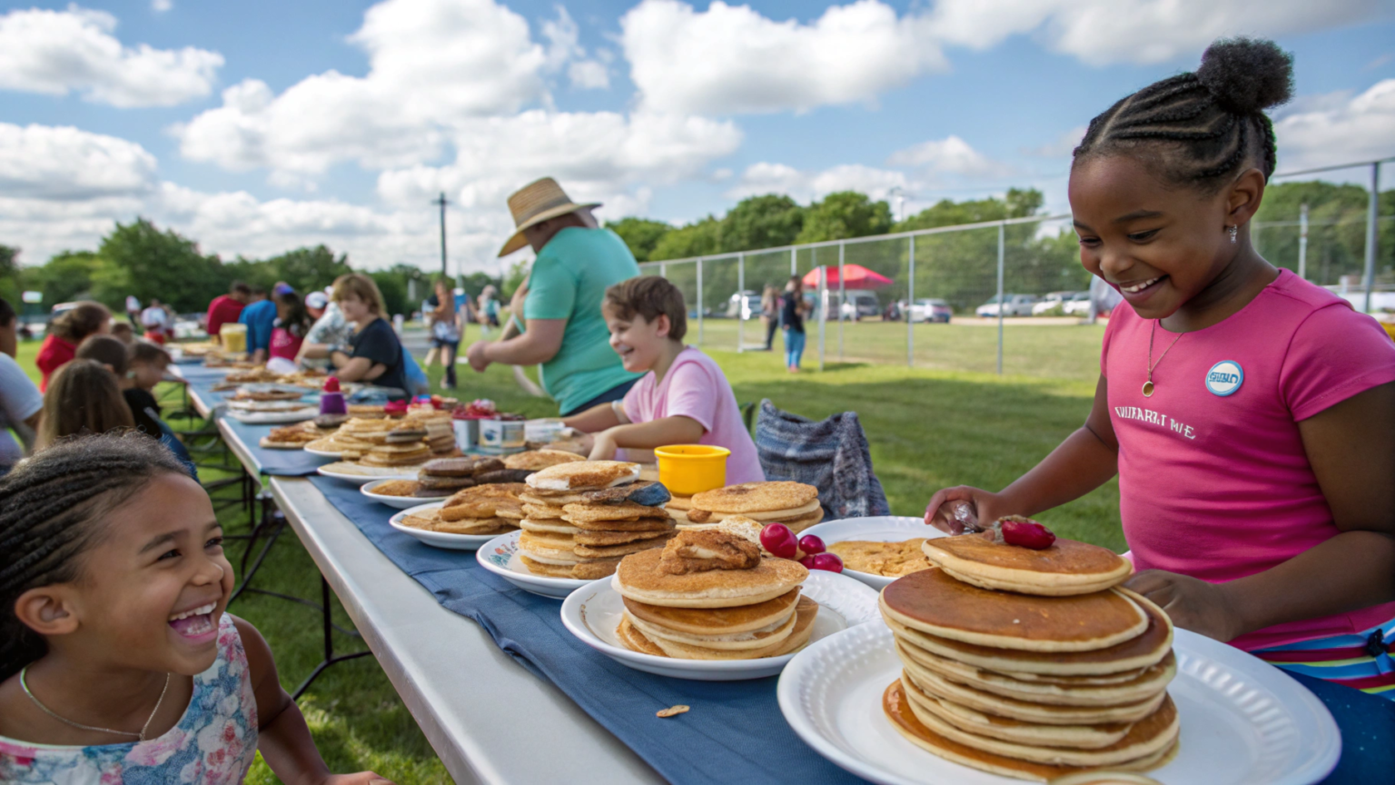 A lively outdoor community pancake breakfast with families and children enjoying food at decorated tables.