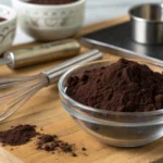 Black cocoa powder in a bowl with baking tools nearby.