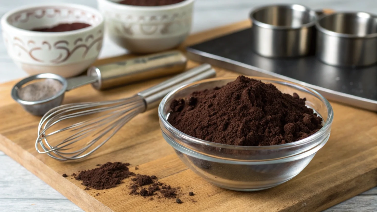 Black cocoa powder in a bowl with baking tools nearby.