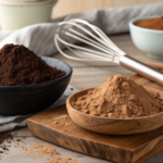 A comparison of black cocoa powder and regular cocoa powder with baking tools.