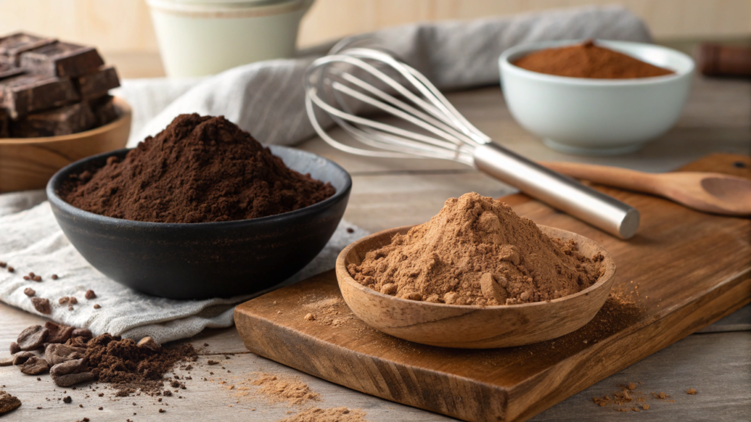 A comparison of black cocoa powder and regular cocoa powder with baking tools.