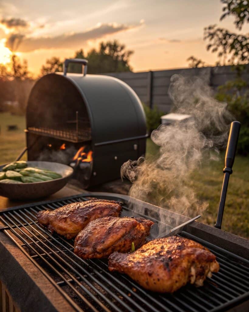 Chicken thighs smoking on grill