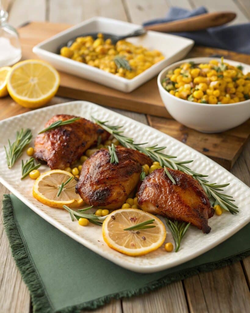 Plated smoked chicken thighs with citrus