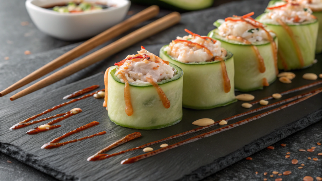 Cucumber sushi rolls with crab, avocado, and spicy mayo on a platter.