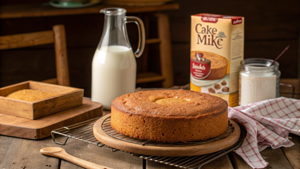 Golden-brown cake with milk and cake mix on a cooling rack.