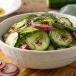 Fresh cucumber salad with red onions, dill, and olive oil in a bowl.