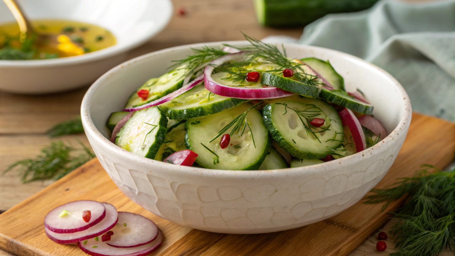 Fresh cucumber salad with red onions, dill, and olive oil in a bowl.