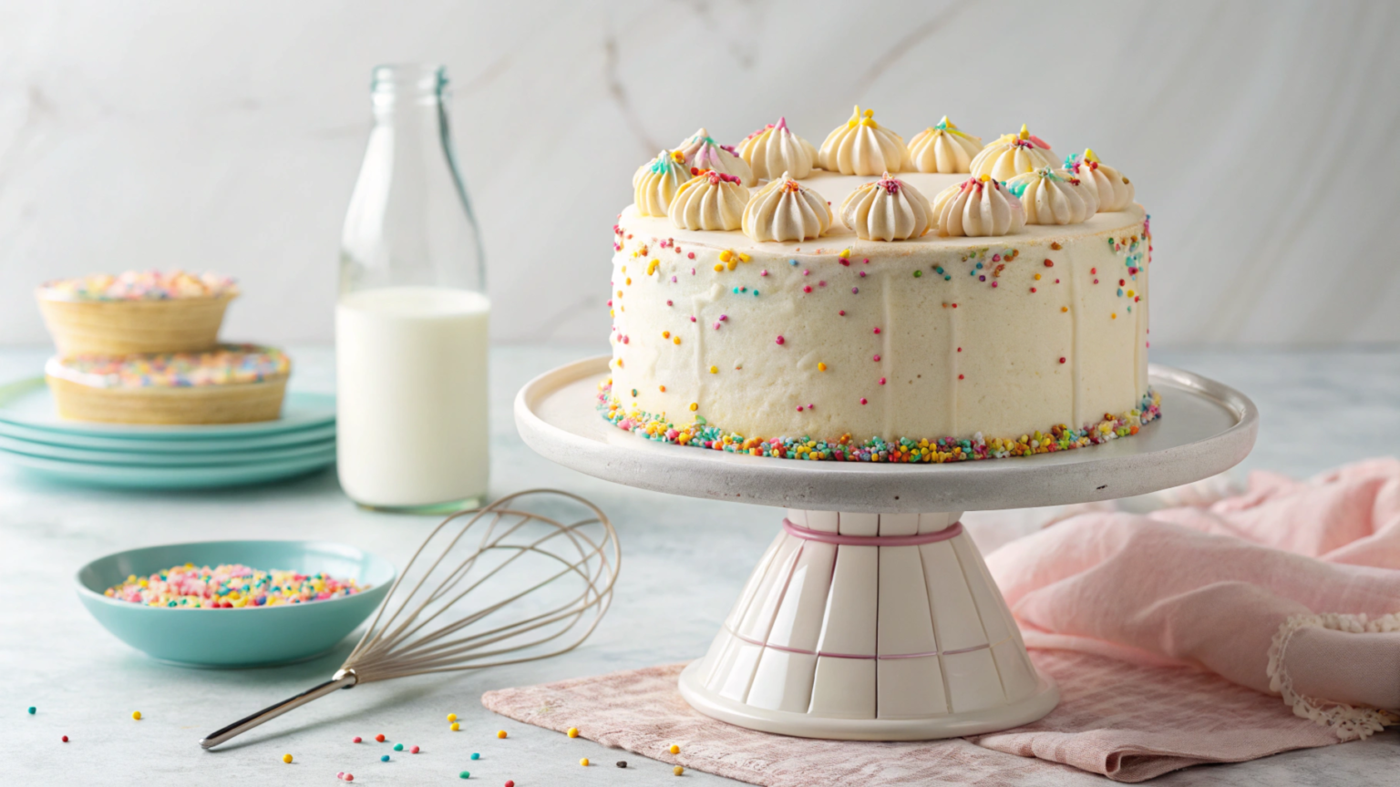 Frosted cake on a stand with milk and a whisk in the background.