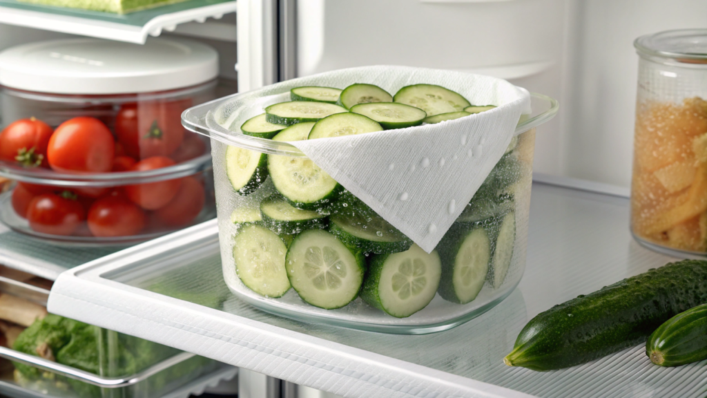 Sliced cucumbers in an airtight container with a damp paper towel.