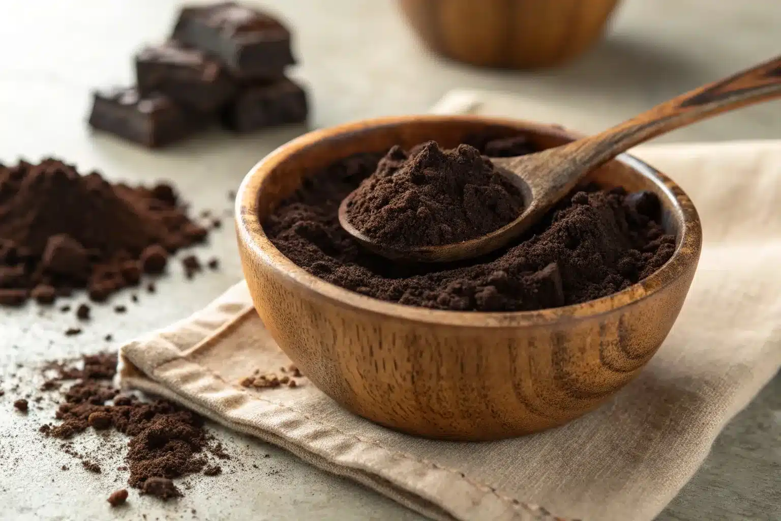 Black cocoa powder in a wooden bowl