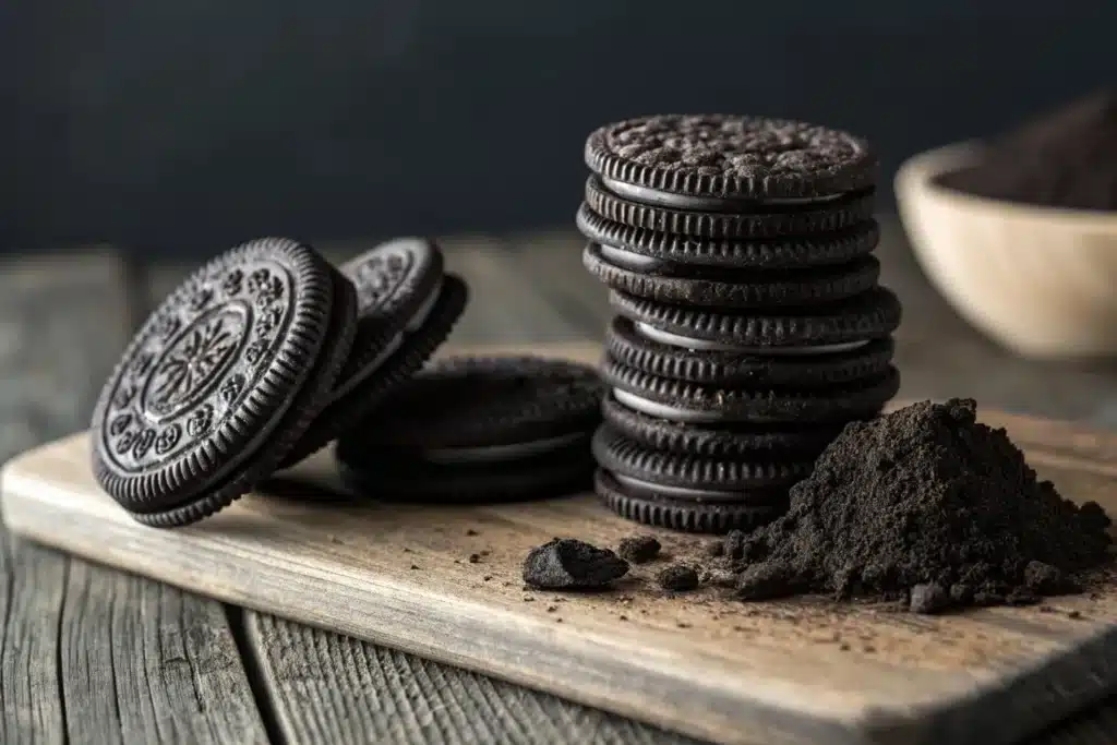 Homemade Oreo-style cookies made with black cocoa powder