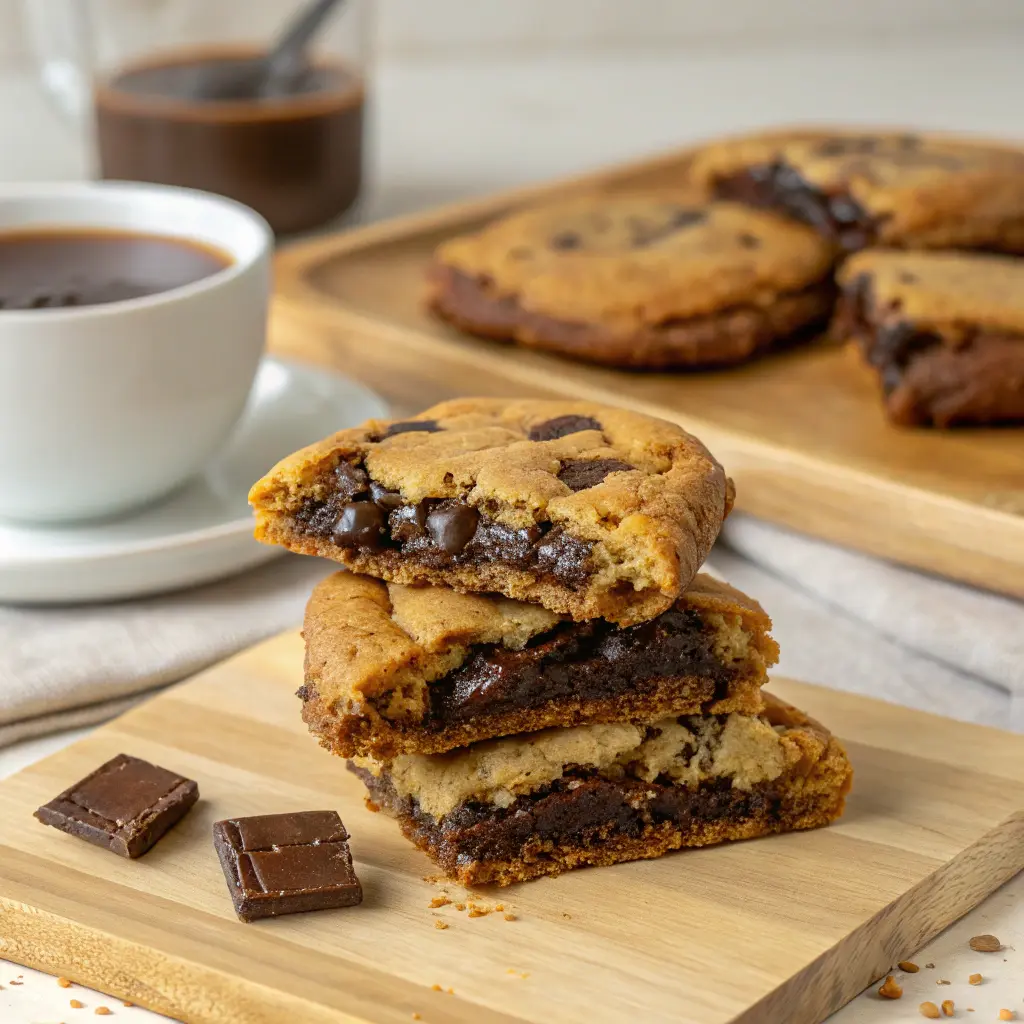 Freshly baked fudgy chewy brookies with a crackly top and gooey chocolate center