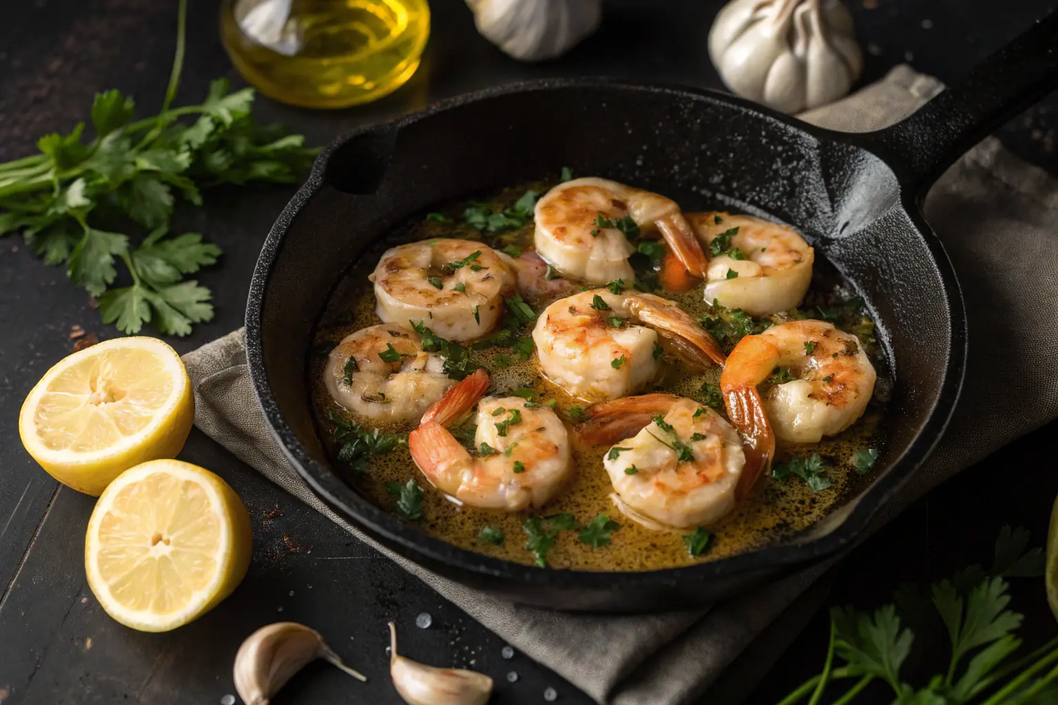 Golden garlic butter sauce pooling around the shrimp