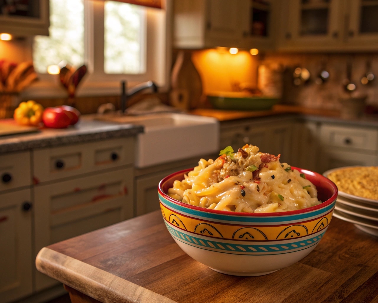 Creamy Honey Pepper Chicken Mac and Cheese served in a cozy kitchen