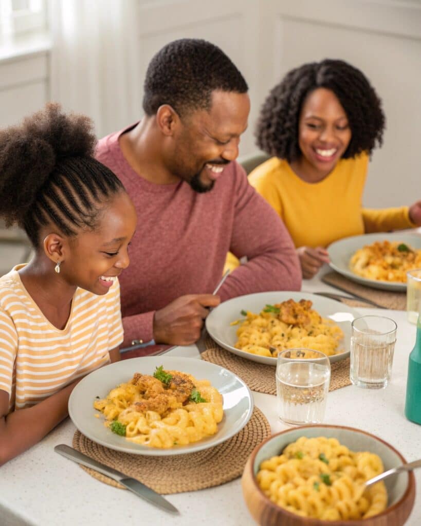 Creamy Honey Pepper Chicken Mac and Cheese served in a cozy kitchen