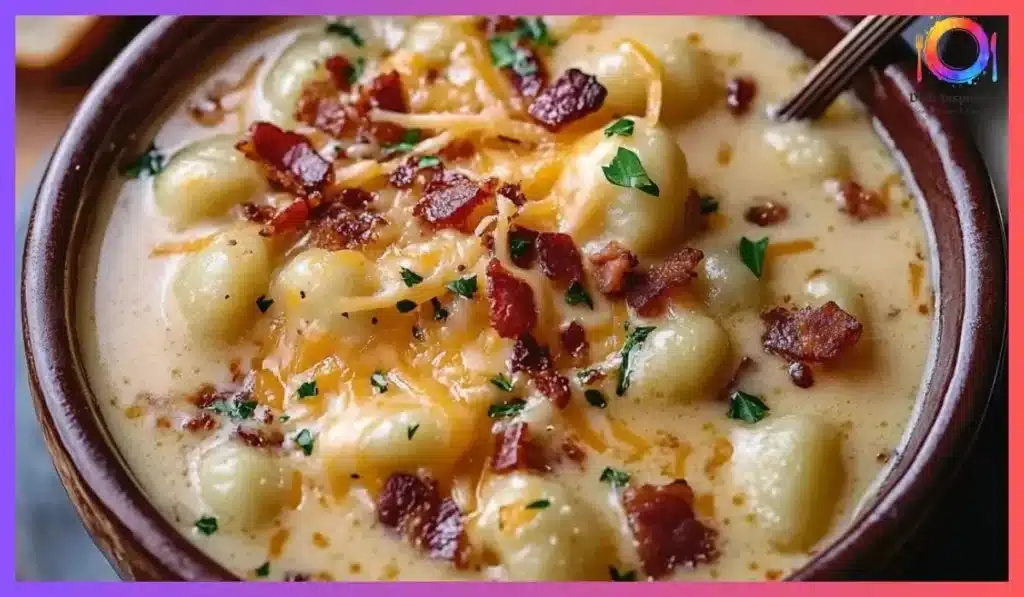 Bowl of creamy bacon cheddar gnocchi soup garnished with herbs