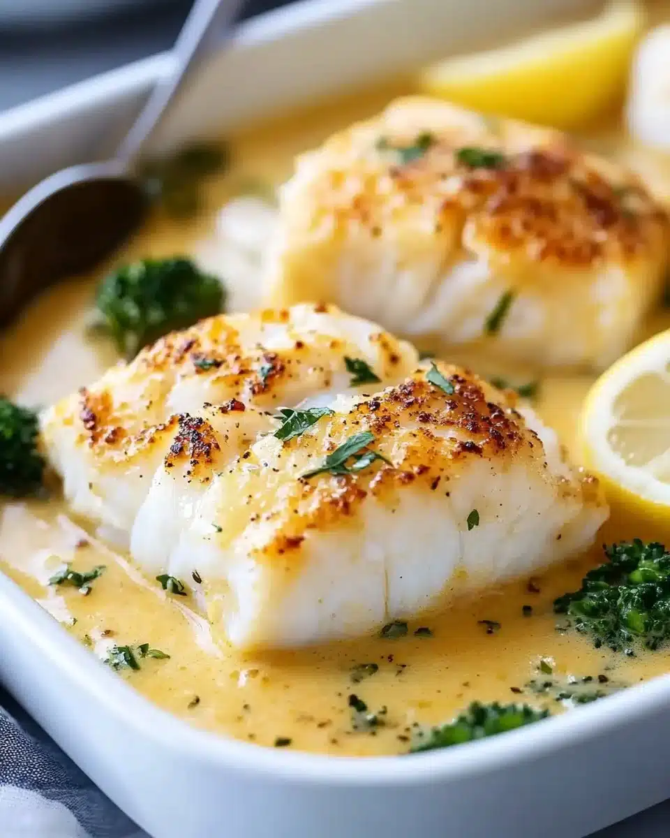 Baked cod fillet in coconut lemon cream sauce served on a plate