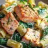 Creamy salmon and spinach pasta dish garnished with herbs