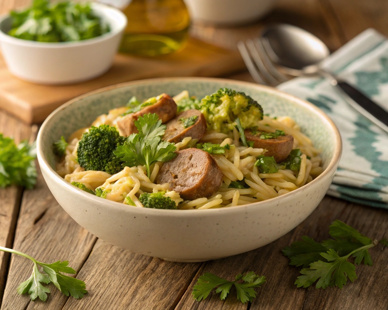 Chicken Sausage and Broccoli Orzo dish