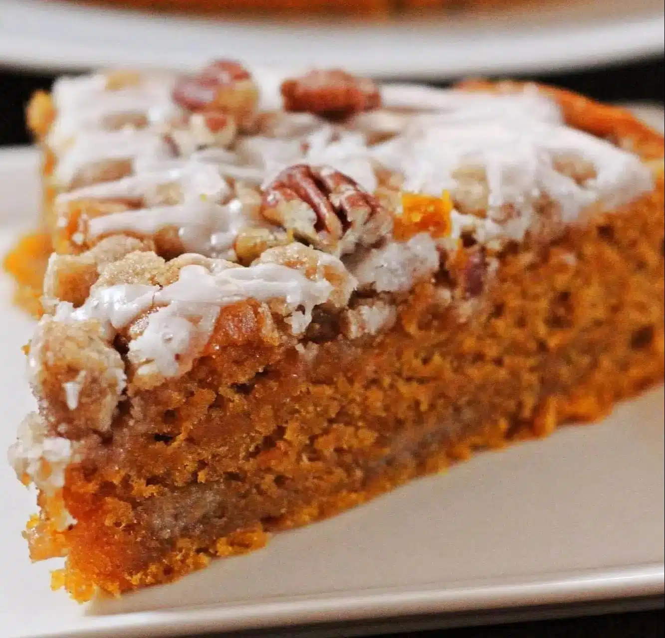 Moist cinnamon streusel pumpkin coffeecake on a plate