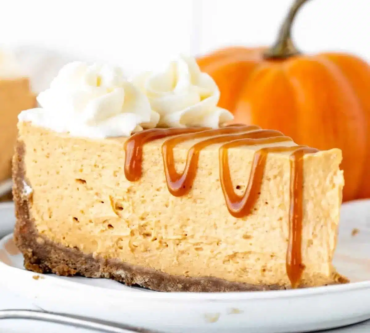 Delicious No-Bake Pumpkin Cheesecake topped with whipped cream and spices.