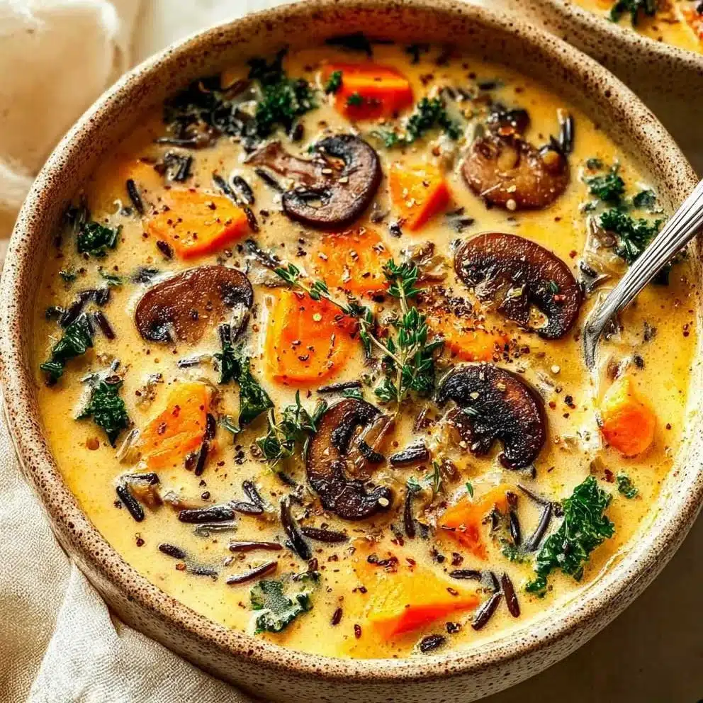 Bowl of Autumn Wild Rice Soup garnished with herbs, showcasing fall comfort food.