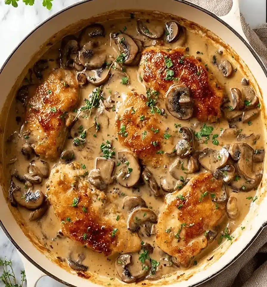 Creamy mushroom chicken dish garnished with herbs on a plate