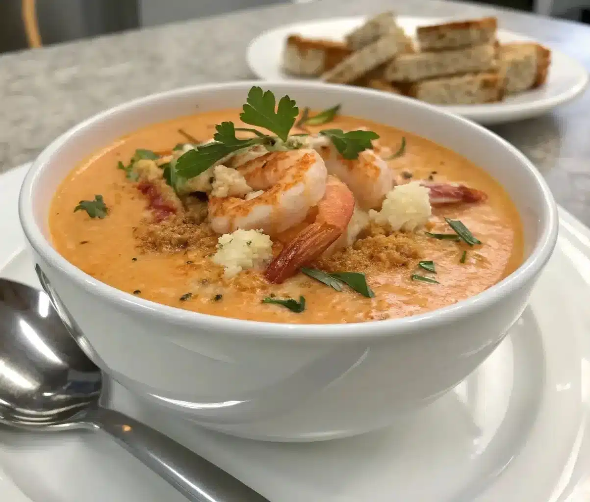 A bowl of crab and shrimp seafood bisque, a creamy and luxurious soup
