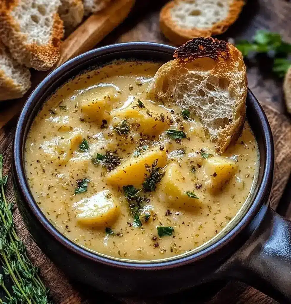 Bowl of hearty cheddar garlic herb potato soup with fresh herbs and cheese