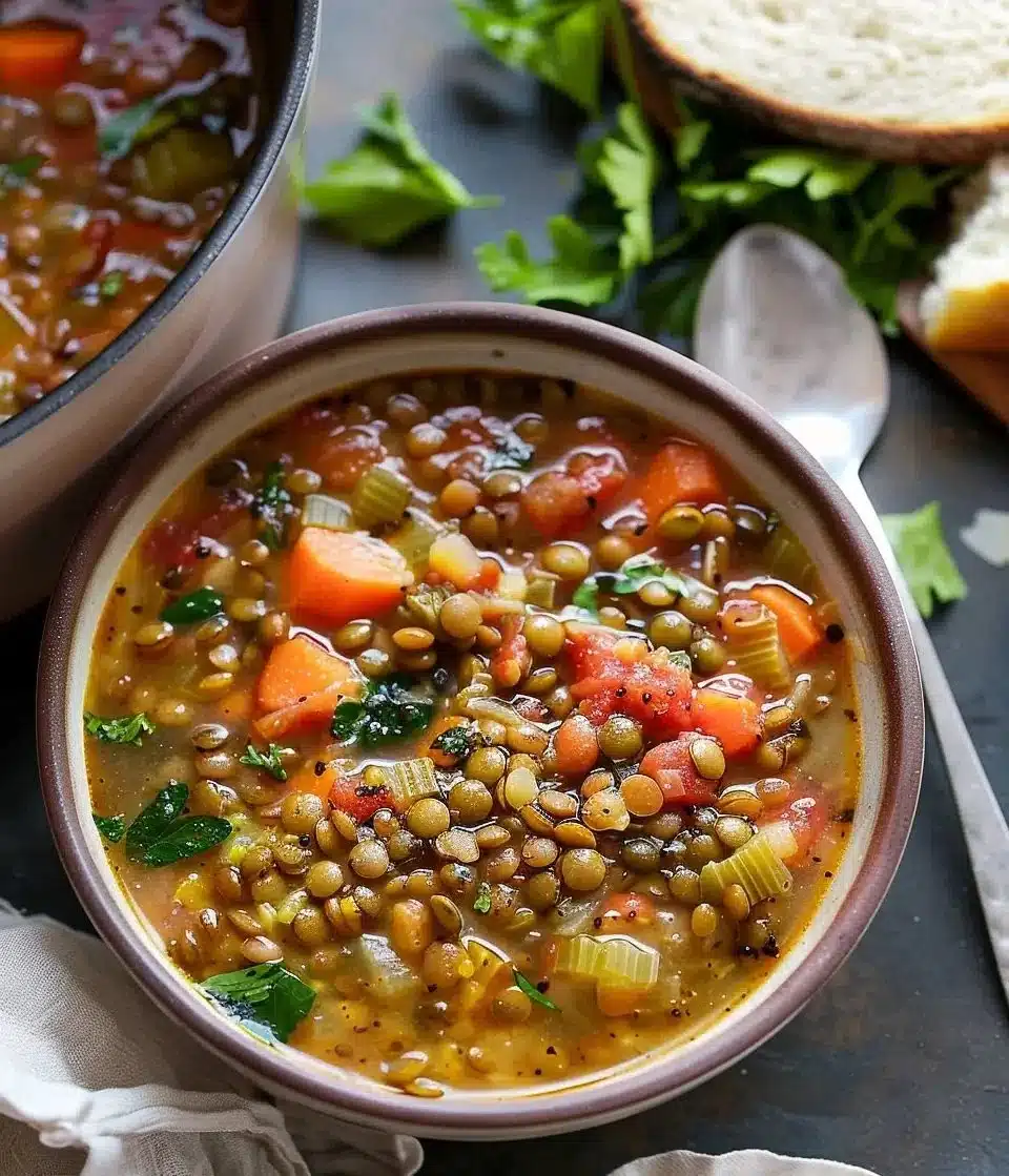 Bowl of hearty Mediterranean Lentil Soup garnished with fresh herbs.