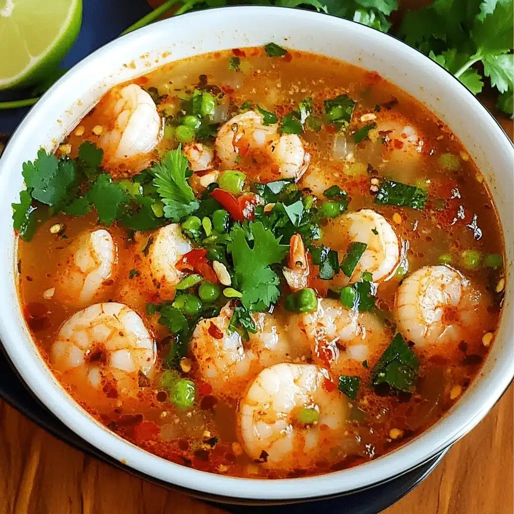 Bowl of quick and spicy shrimp soup with fresh herbs and a hint of spice.