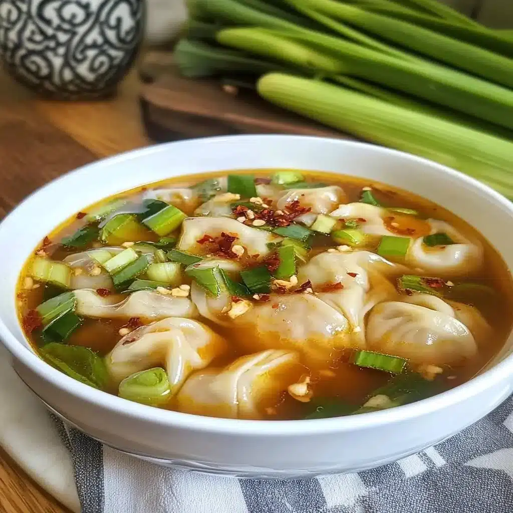 Bowl of quick and easy wonton soup with dumplings and green onions