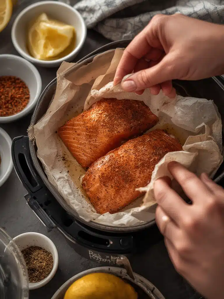 air fryer salmon - cooking process