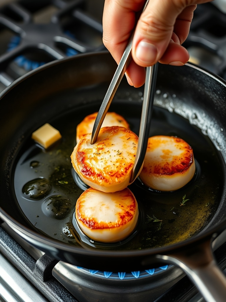 pan seared scallops - cooking process