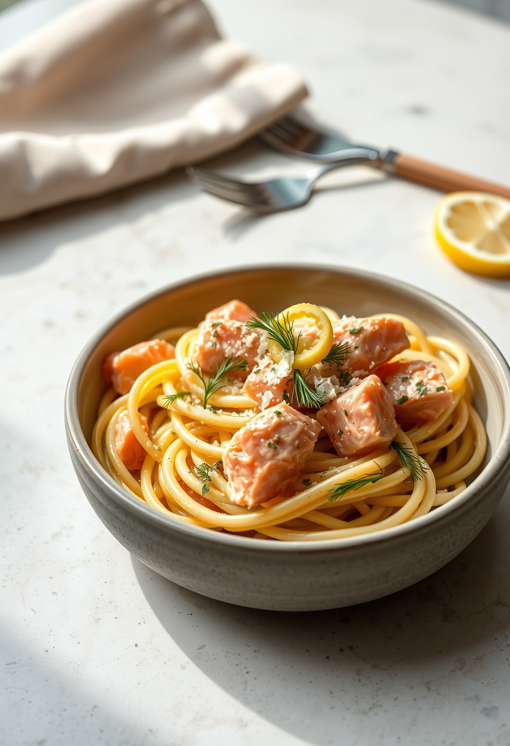 salmon pasta recipe - finished dish presentation