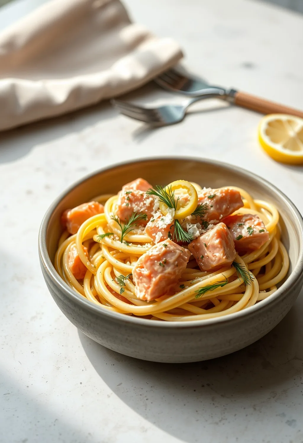salmon pasta recipe - finished dish presentation
